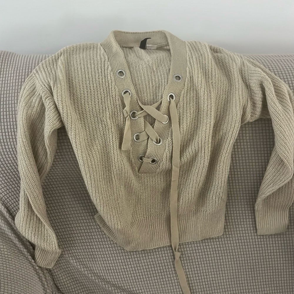 Front Tie Beige Sweater